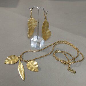 Kenneth Jay Lane Set Vintage Gold Tone Leaf Pendant Long Necklace Lever Earrings